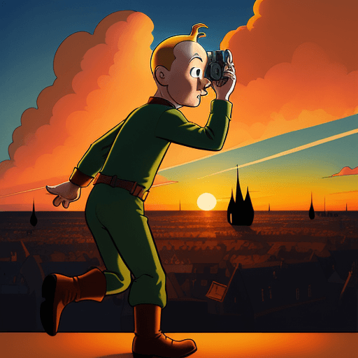 AI generated: Tintin, by Pixar Animation Studios, by Art Spiegelman, dynamic illustration, dramatic sunset backgro...