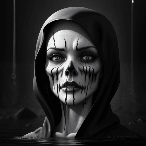 AI generated: a black and white drawing of the grim reaper's face, in the style of water drops, daz3d, blink-and-y...