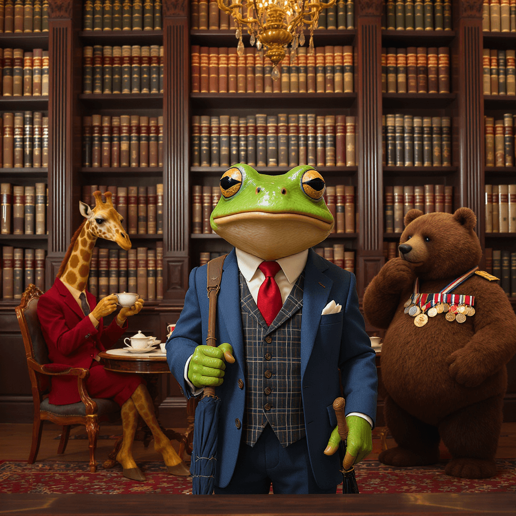 AI generated: close up, straight ahead angle at eye level, a frog wearing a tartan vest, dark blue suit,  spats an...