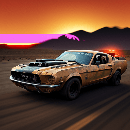 AI generated: A retrowave color scheme comic style poster of a post apocalyptic dystopia, of a mustang fastback st...