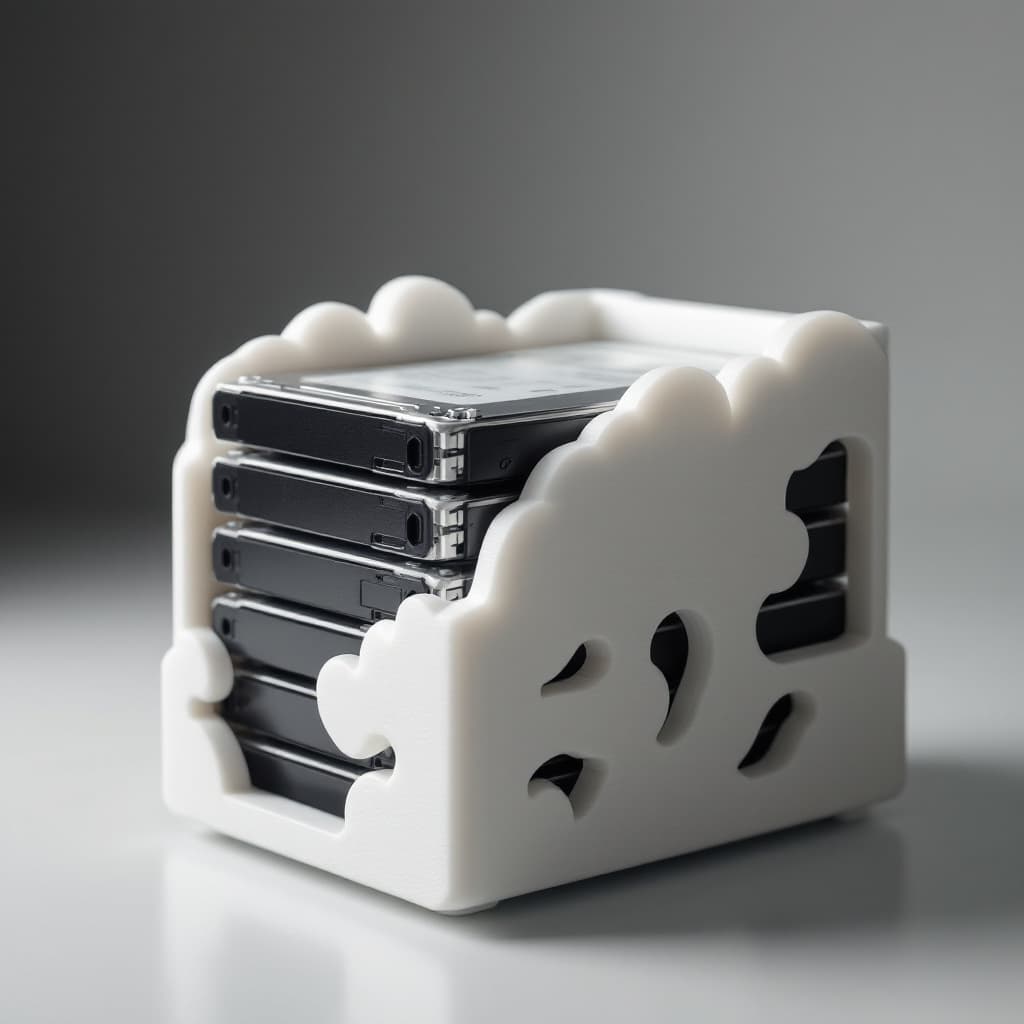 AI generated: A 3d printed Hard drive rack for external HDDs, white with cloud shapes flowing into each other on t...