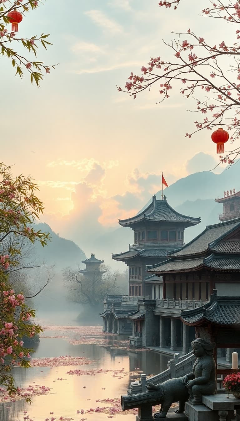 AI generated: Ancient Chinese landscape with golden sunlight filtering through mountain mist; bamboo forest swayin...