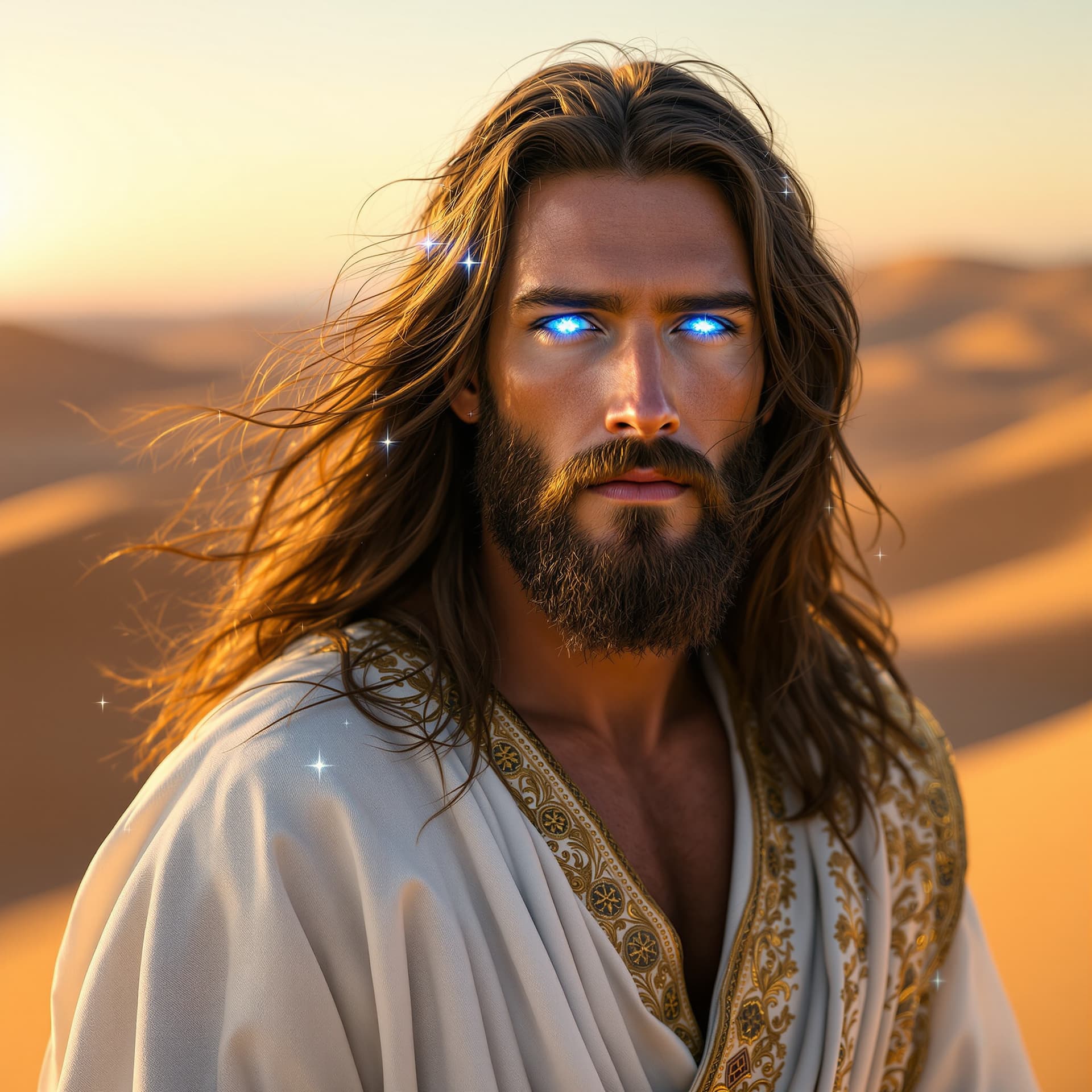 AI generated: A hyper-realistic picture of Jesus Christ standing in the desert. His long, flowing brown hair gentl...