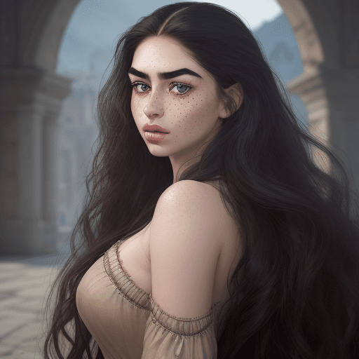 AI generated: A realistic photo of a stunning freckles, Armenia girl with a commanding presence. She has long, flo...