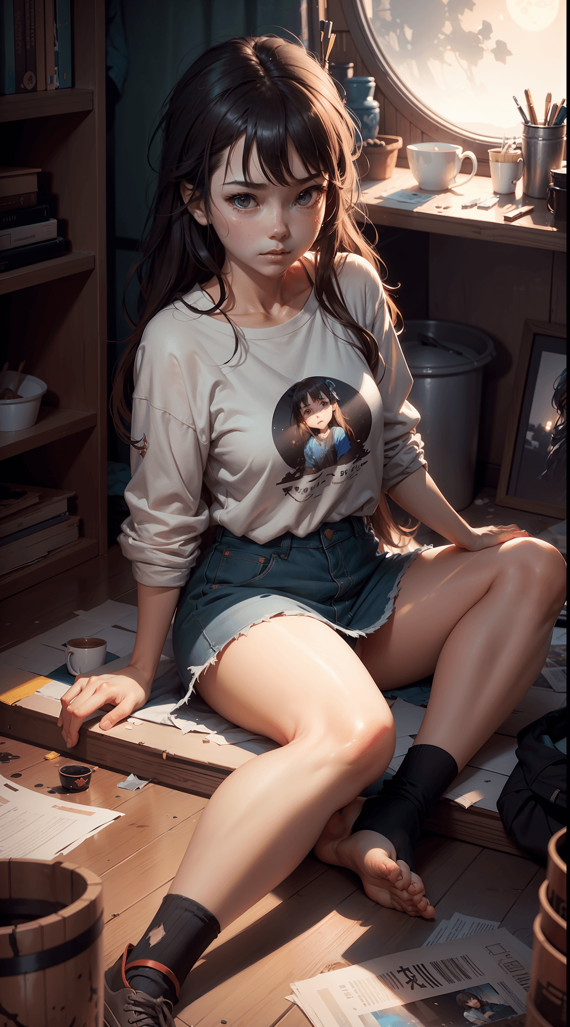 AI generated: a girl, sitting in her messy room, in a room full of pots and trees, full moon in the background. by...