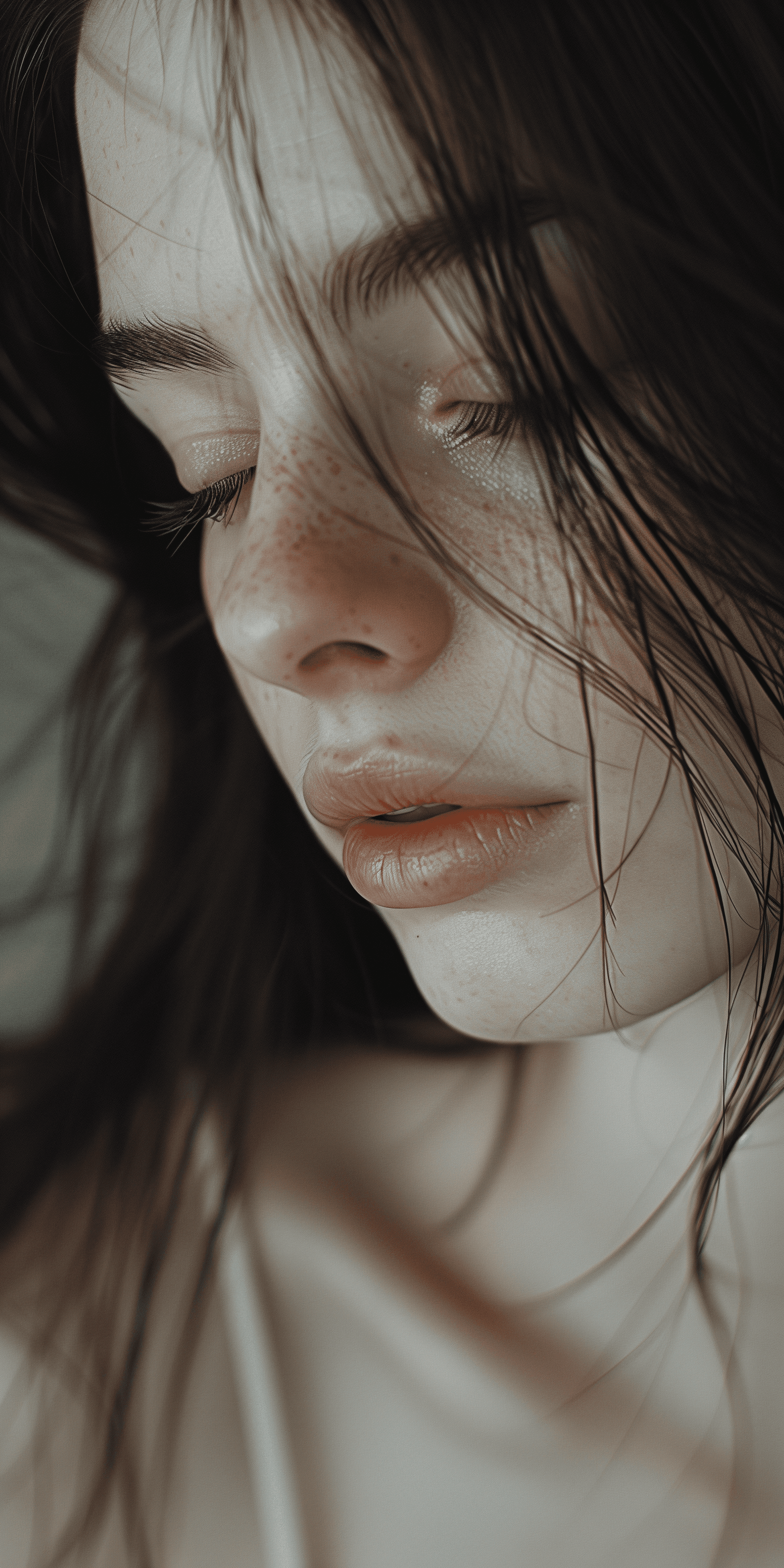 AI generated: close-up high resolution portrait. young pale white woman with a slender face. long thin black hair ...