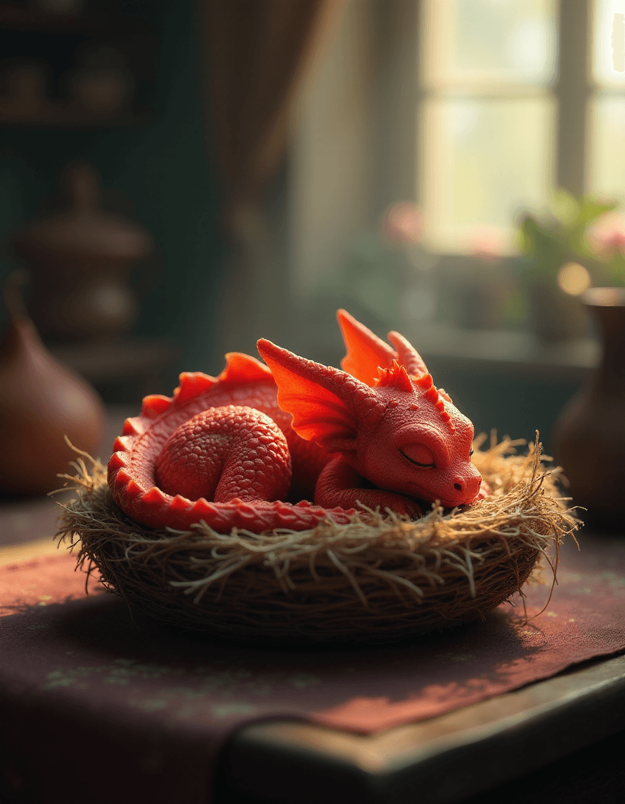 AI generated: [A tiny red dragon sleeps curled up in a nest on a medieval wizard's table]. Shot with a macro lens ...