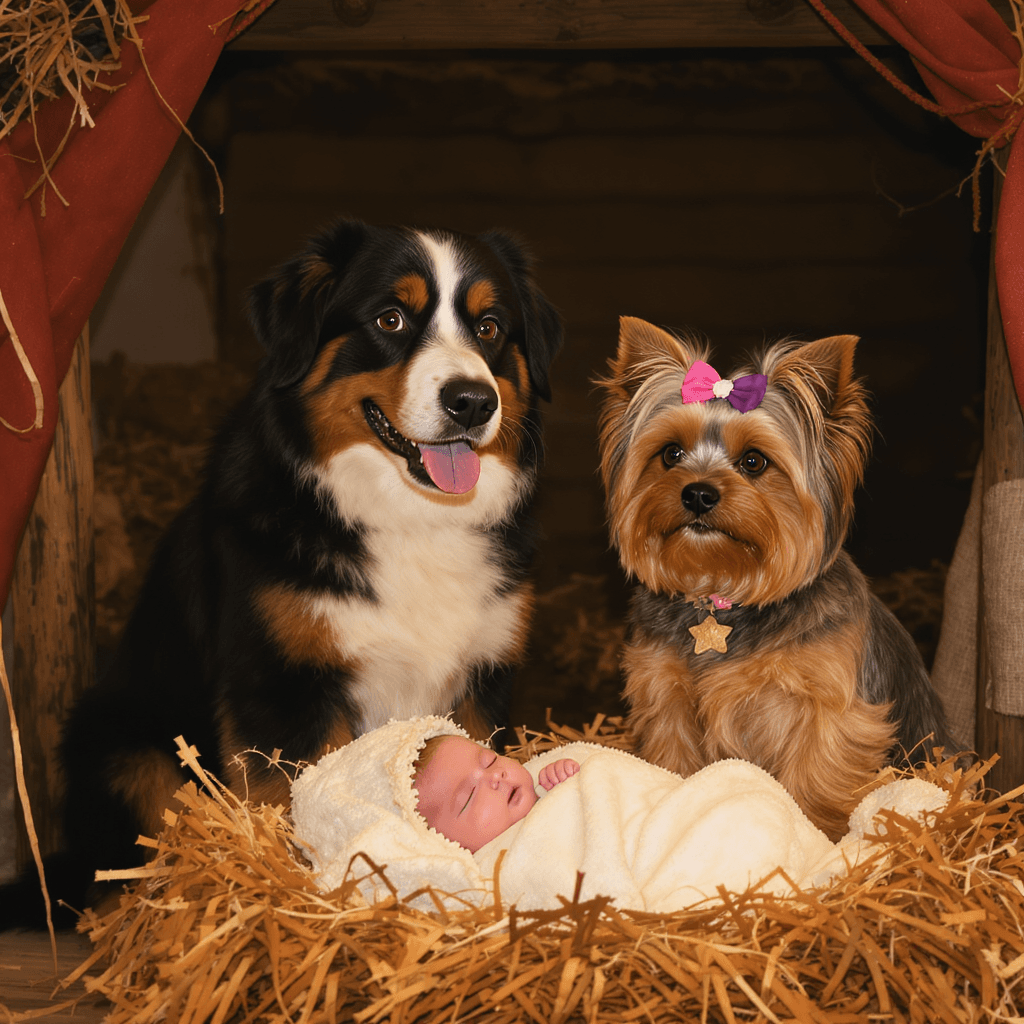 AI generated: a Bernese mountain dog and a Yorkshire terrier implanted into the baby Jesus manger scene