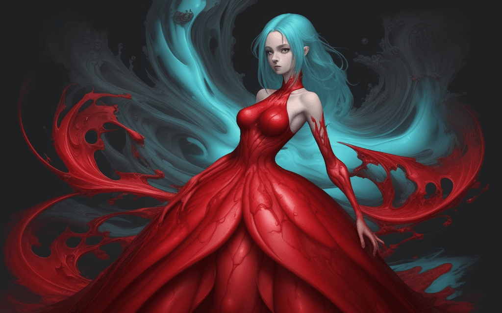 AI generated: A girl with a red dress, in the style of detailed fantasy art, fluid color combinations, anime - ins...