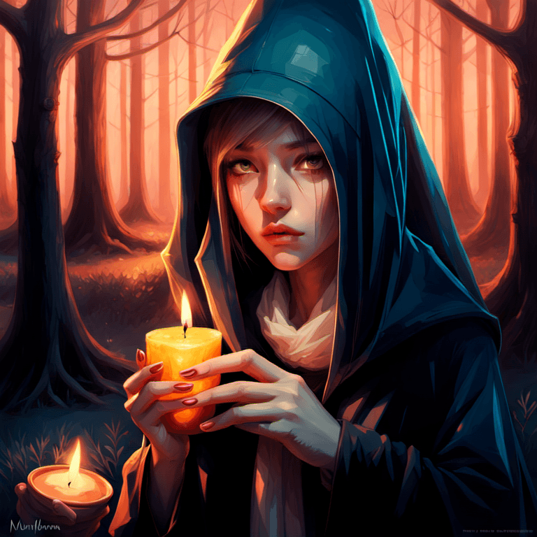 AI generated: a witch hoding a candle, soft lighting, detailed face, by craig mullins, by stanley artgerm lau, by ...