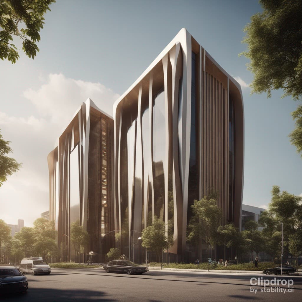 AI generated: Stylish modern building with smooth facade lines design in African patterns:: ultra modern::1 tropic...