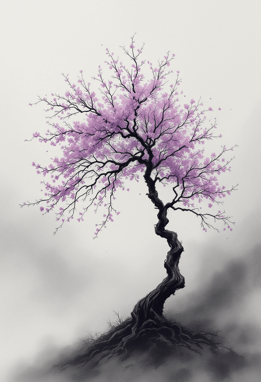 AI generated: A minimal ink wash tree with delicate, fading purple-pink blossoms. The tree is twisted or wind-swep...