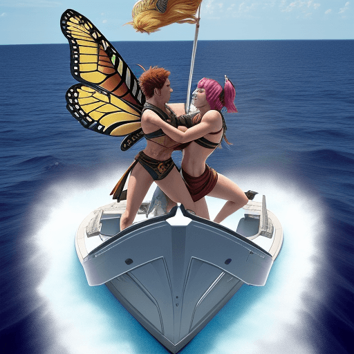 AI generated: a warrior butterfly fighting a spartan, on top of a boat in the middle of the ocean