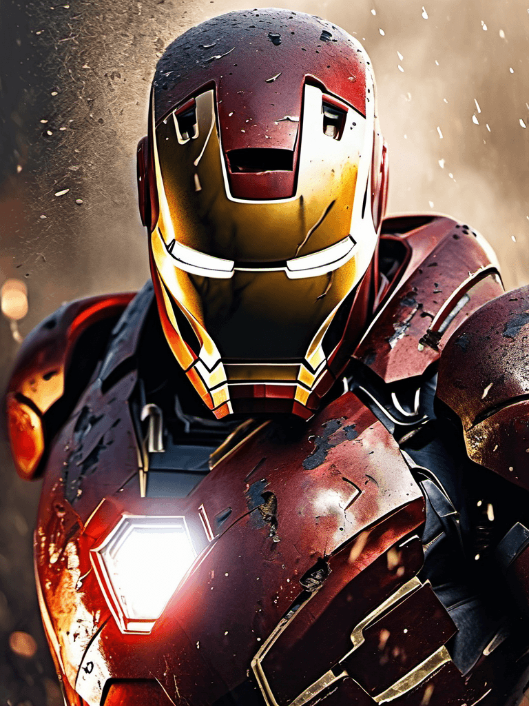 AI generated: close up of a (very damaged:1.1) brutal iron man in helmet, dynamic action pose, epic composition, a...