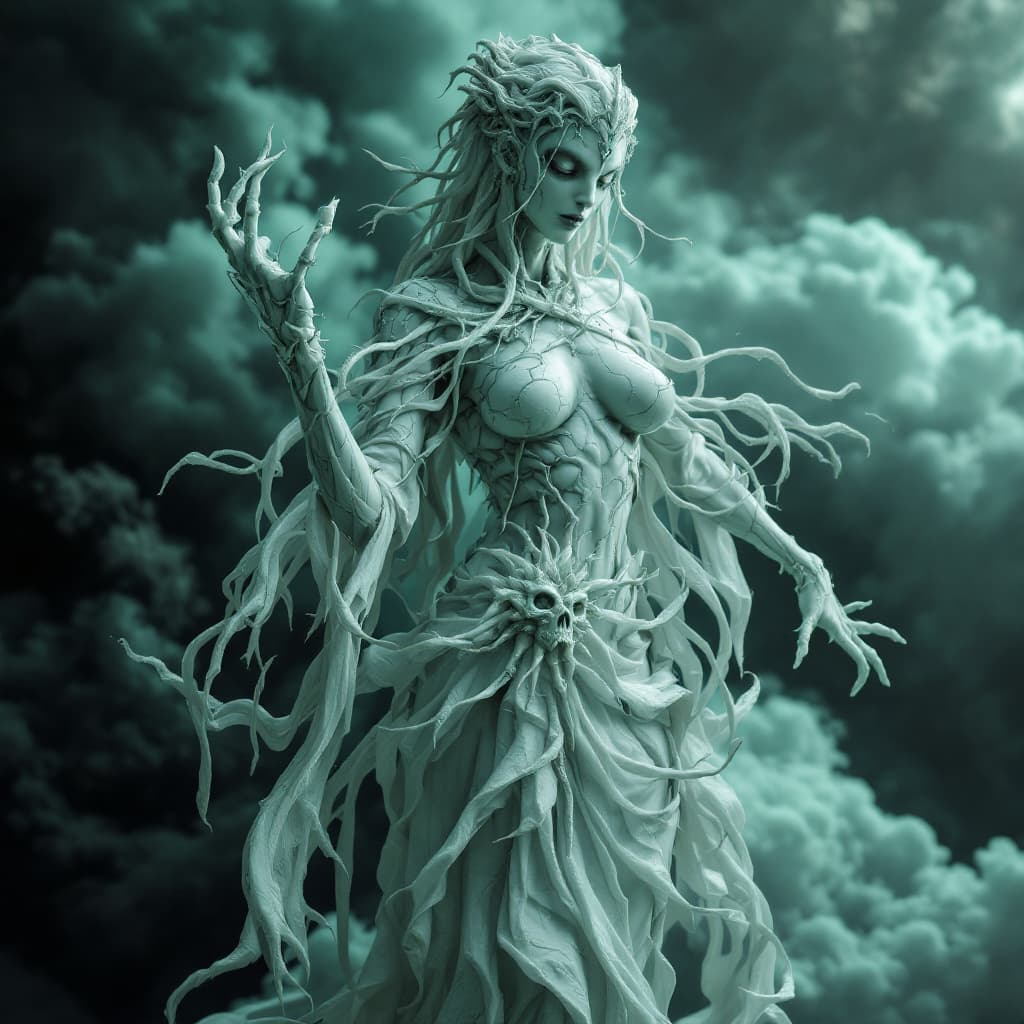 AI generated: highly detailed marble and jade sculpture of a female necromancer, volumetric fog, Hyperrealism, bre...