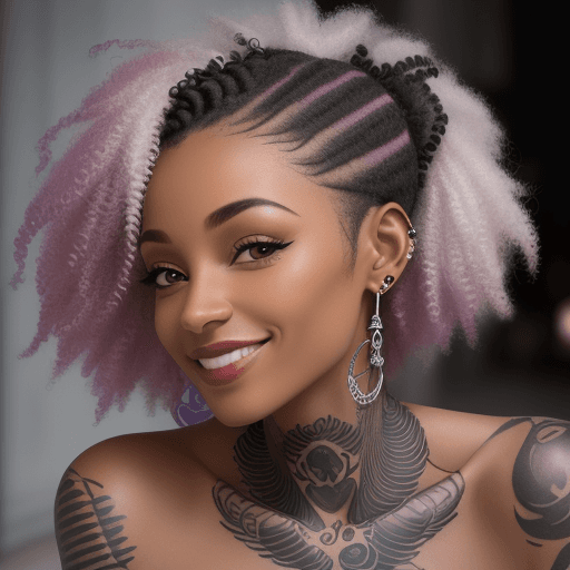 AI generated: femme noire cheveux bouclés  court avec un tatouage Rich’Ella Paris avec un beau sourire, photo port...