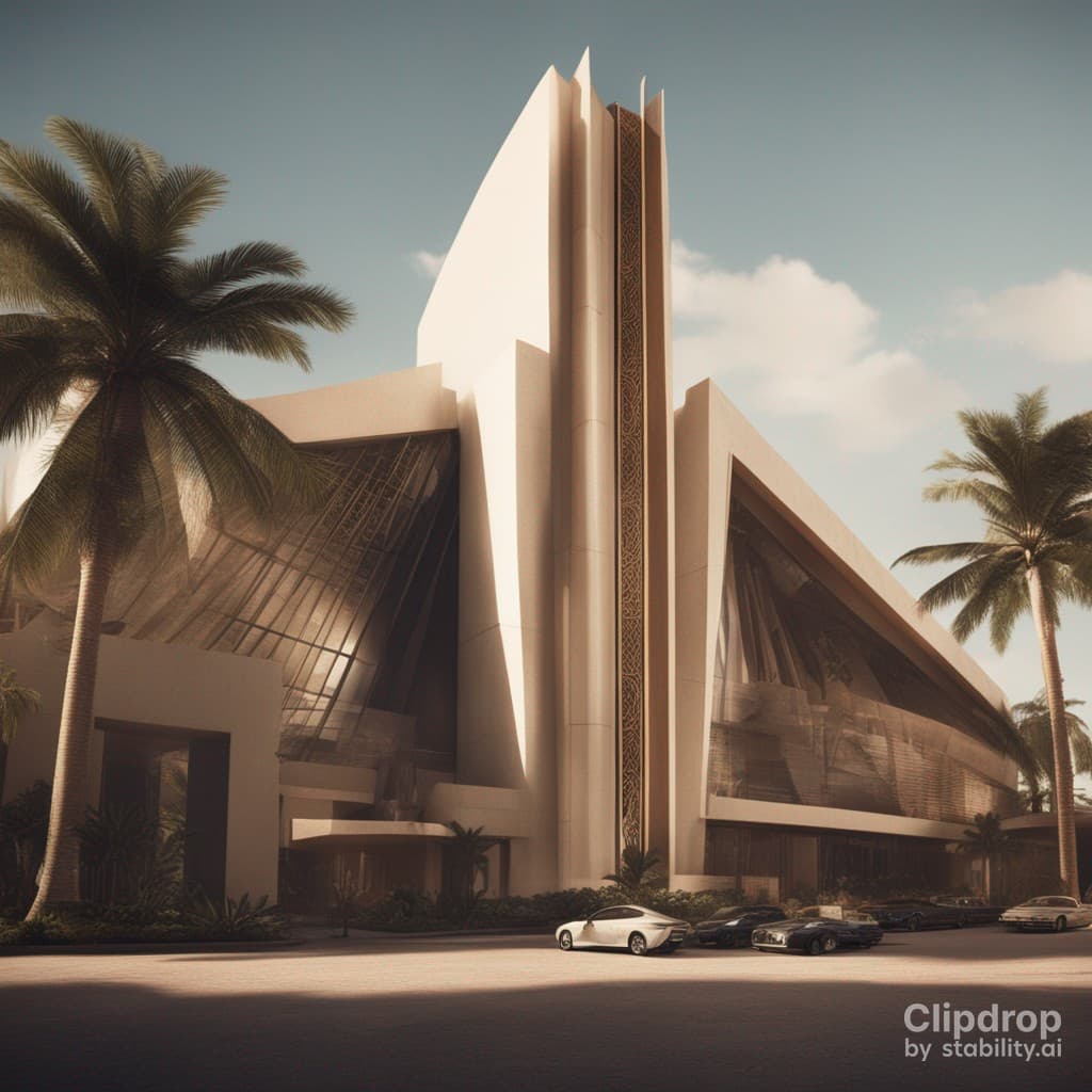 AI generated: Stylish whole modern building design in hieroglyphics patterns:: ultra modern::1 tropical::1.6 techn...