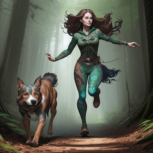 AI generated: a huntress running through the forest with her dog, brown hair, blue face tattoo, green and brown ou...