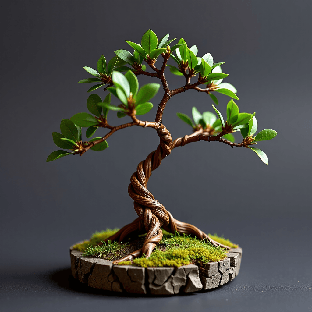 AI generated: A miniature bonsai tree, its gnarled trunk formed from twisted, fused network cables, and its leaves...