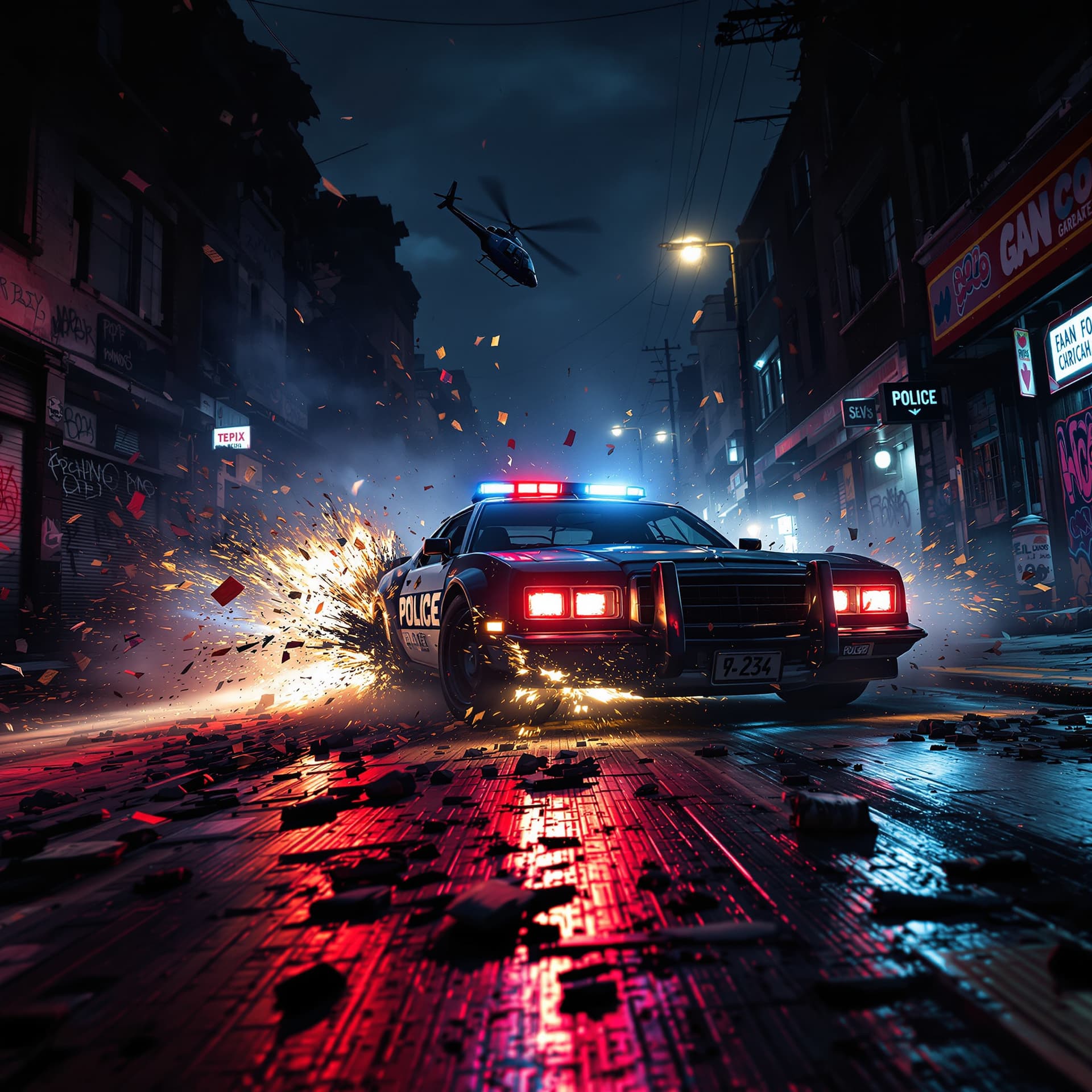 AI generated: a PHOTOREALISTIC crazy looking cop car with it's patrol lights casting red and blue colors is  DRIVI...