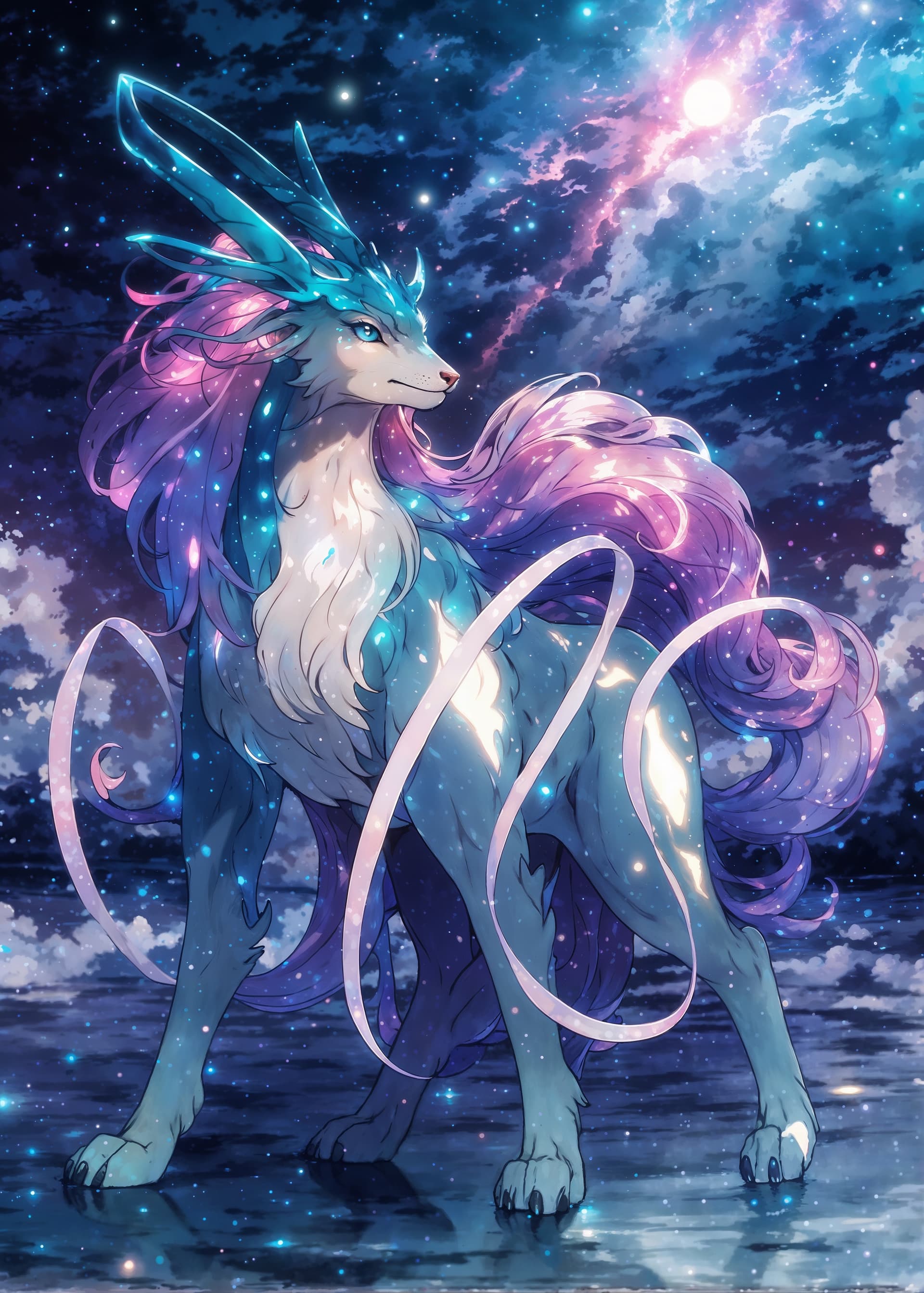 AI generated: A full wide view of the mythical Pokémon "Suicune" filled with bioluminescent lit moonlight, sparkli...