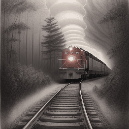 AI generated: beautiful pencil drawing of an emty rail road track and a forest in background, a train comeing from...
