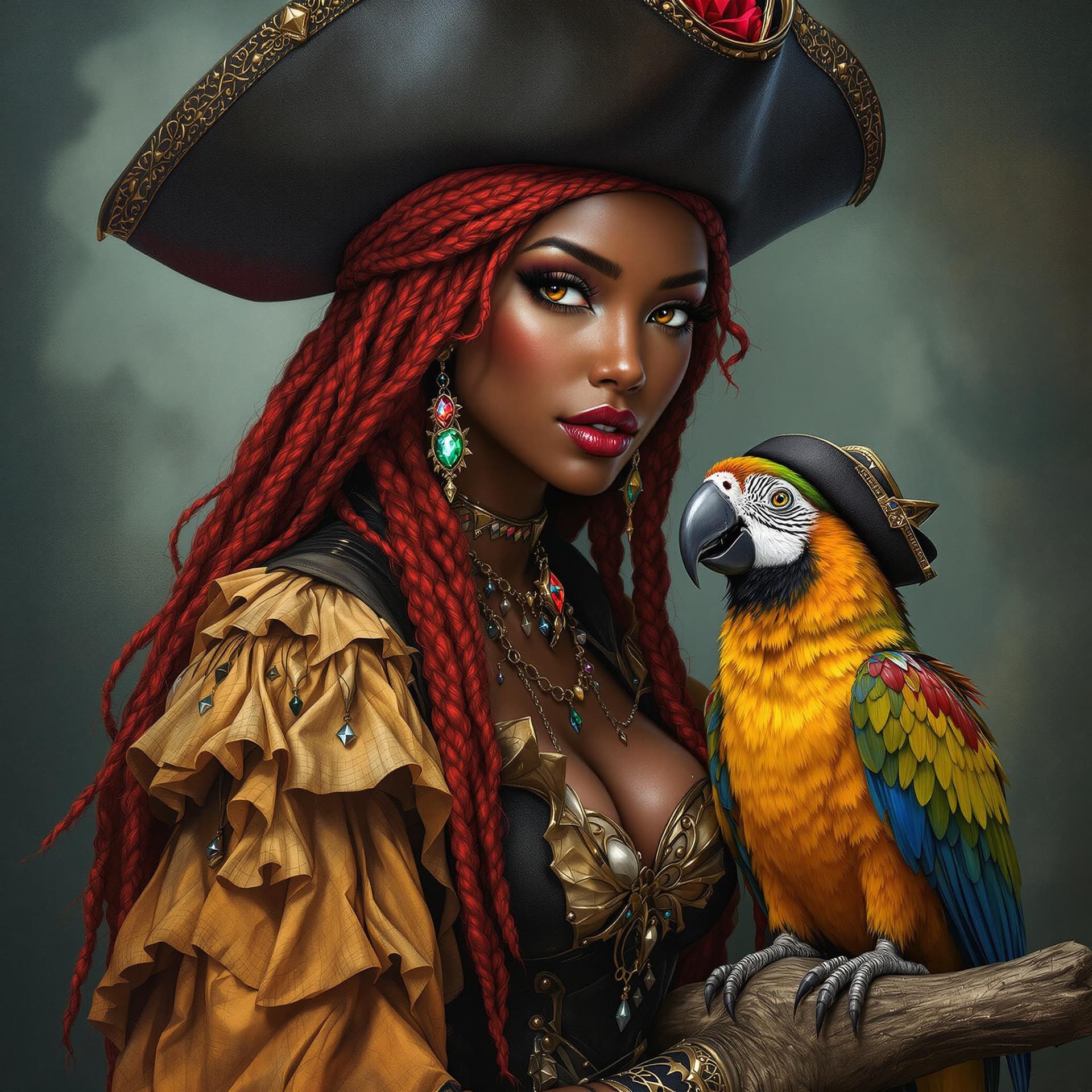AI generated: Full body view: Centered image.  an beutiful African American pirate lady with red long braided hair...