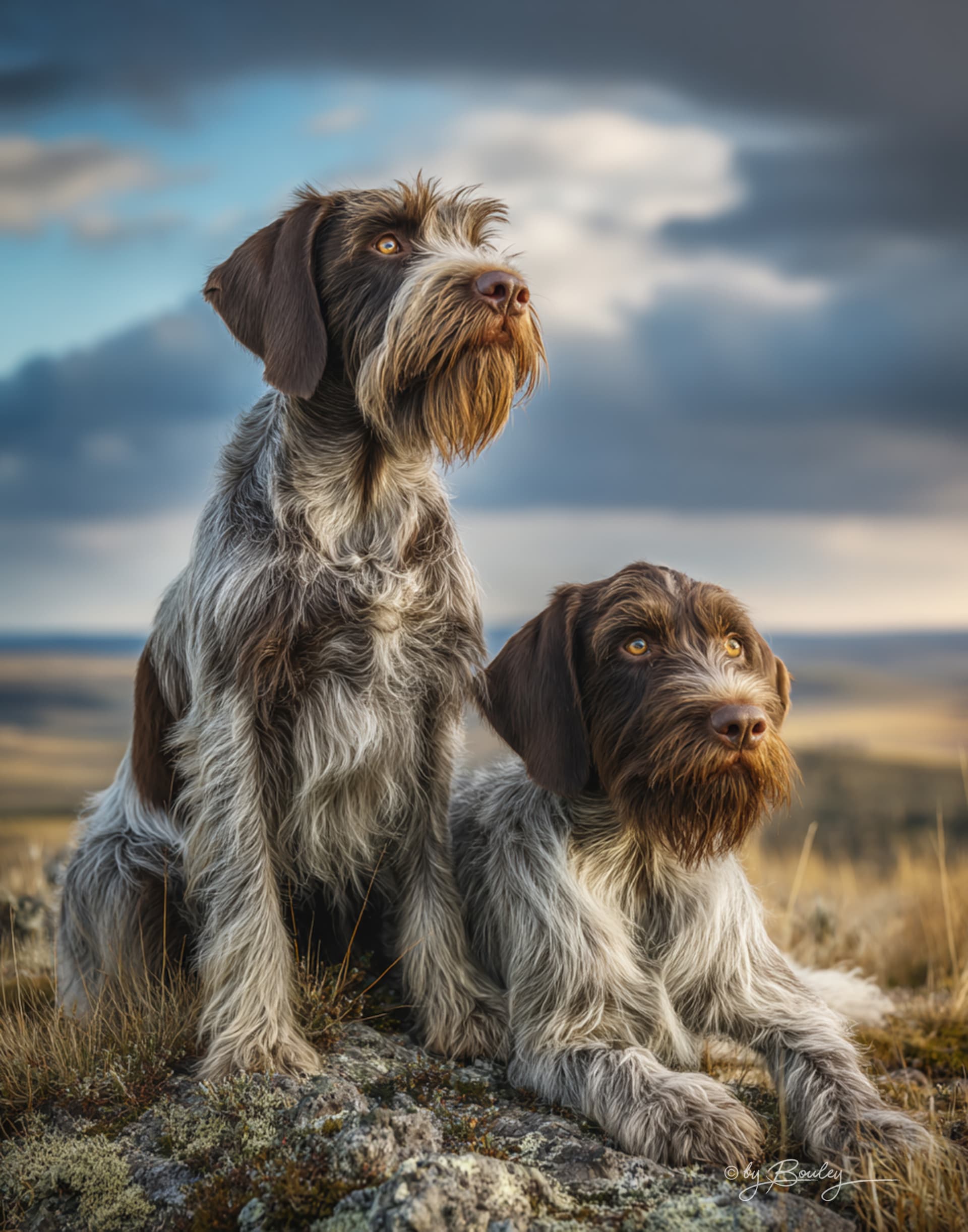 AI generated: a Full body shot of two Wire Fox Terriers in a countryside, White and tan coat. The dogs are looking...