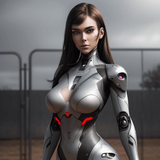 AI generated: brunette female cyborg with soft smile, dressed in futuristic clothing, standing next to broken fenc...
