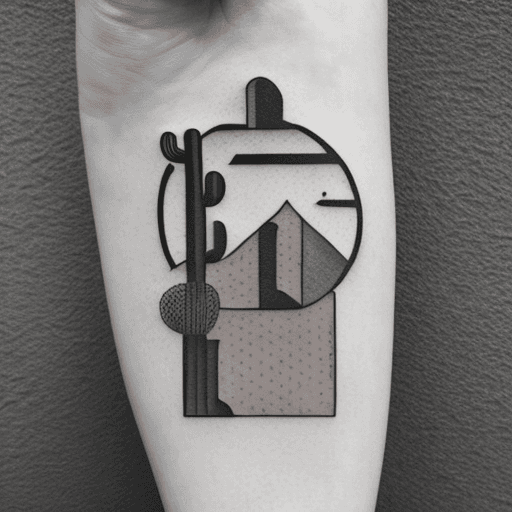 AI generated: Tattoo design that symbolically represents the concepts of  cat, cactus, trust, road, and sea in a m...