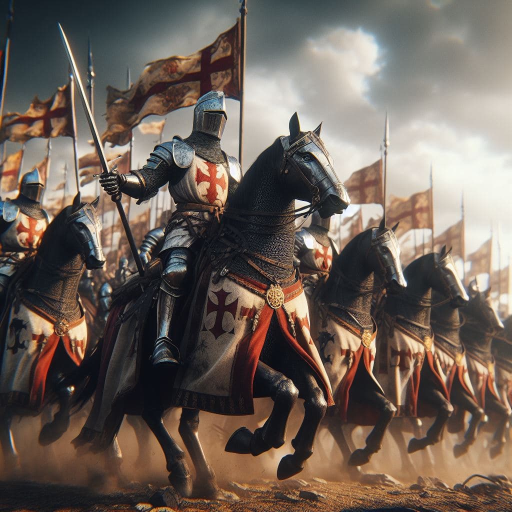 AI generated: Hyper detailed army of teutonic knights riding to battle,  (hyper-realistic:1. 2), rule of thirds go...