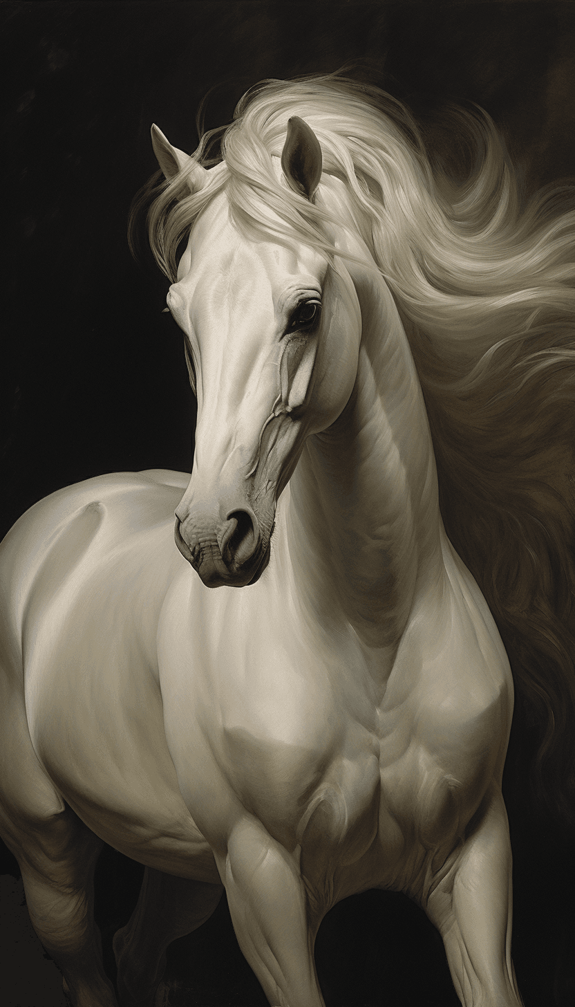 AI generated: Portrait of a horse, white horse, white horse, by Dicksee Sir Frank, painting, oil painting, portrai...