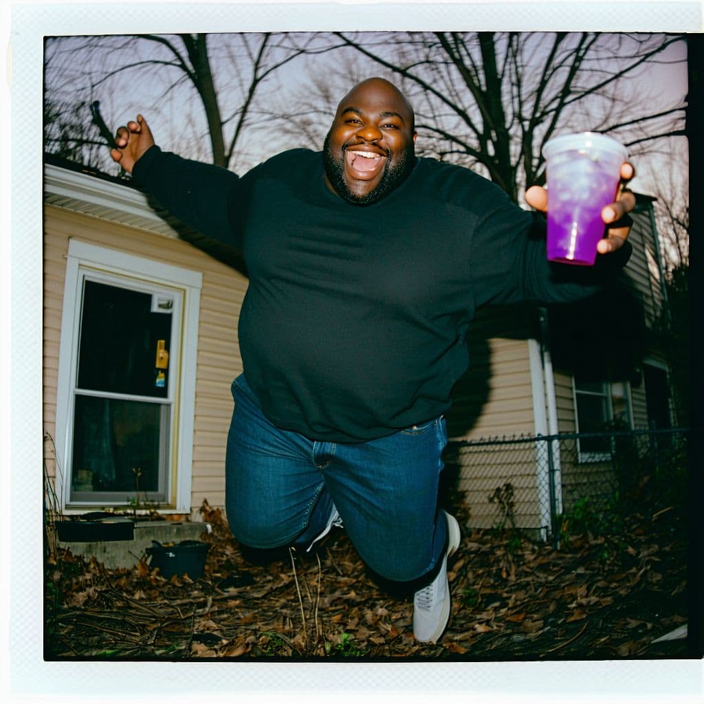 AI generated: grainy 80's photograph quality polaroid of big fat bald elated black man floating in the air with a ...