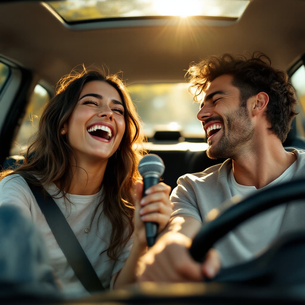AI generated: A young couple of friends singing passionately inside a car cabin, both looking relaxed and joyful. ...