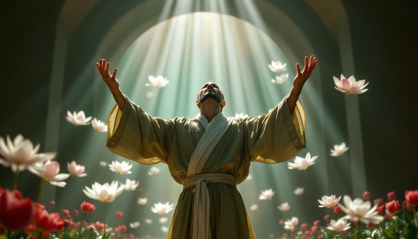 AI generated: hyper realistic shot:A medium shot of a man’s torso and hands, raised toward the sky as beams of lig...