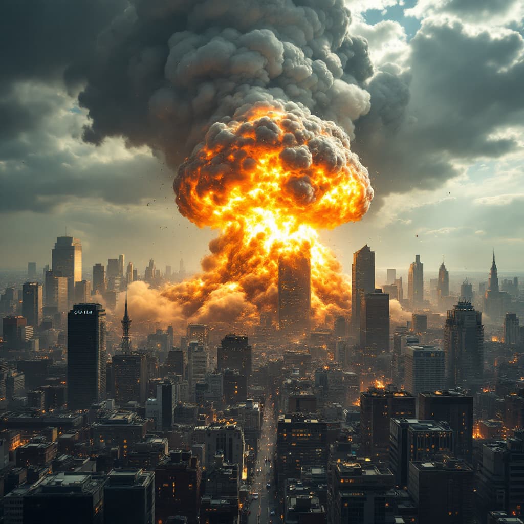 AI generated: An explosion of a building in a large city from a nuclear detonation.