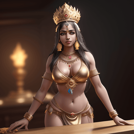 AI generated: fantasy Indian goddess, gold jewelry large crown, mini bikini, tank top, busty, full body, standing ...