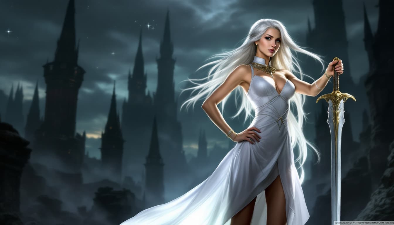 AI generated: a woman in a white dress holding a sword, with a fantasy landscape in the background. The woman has ...