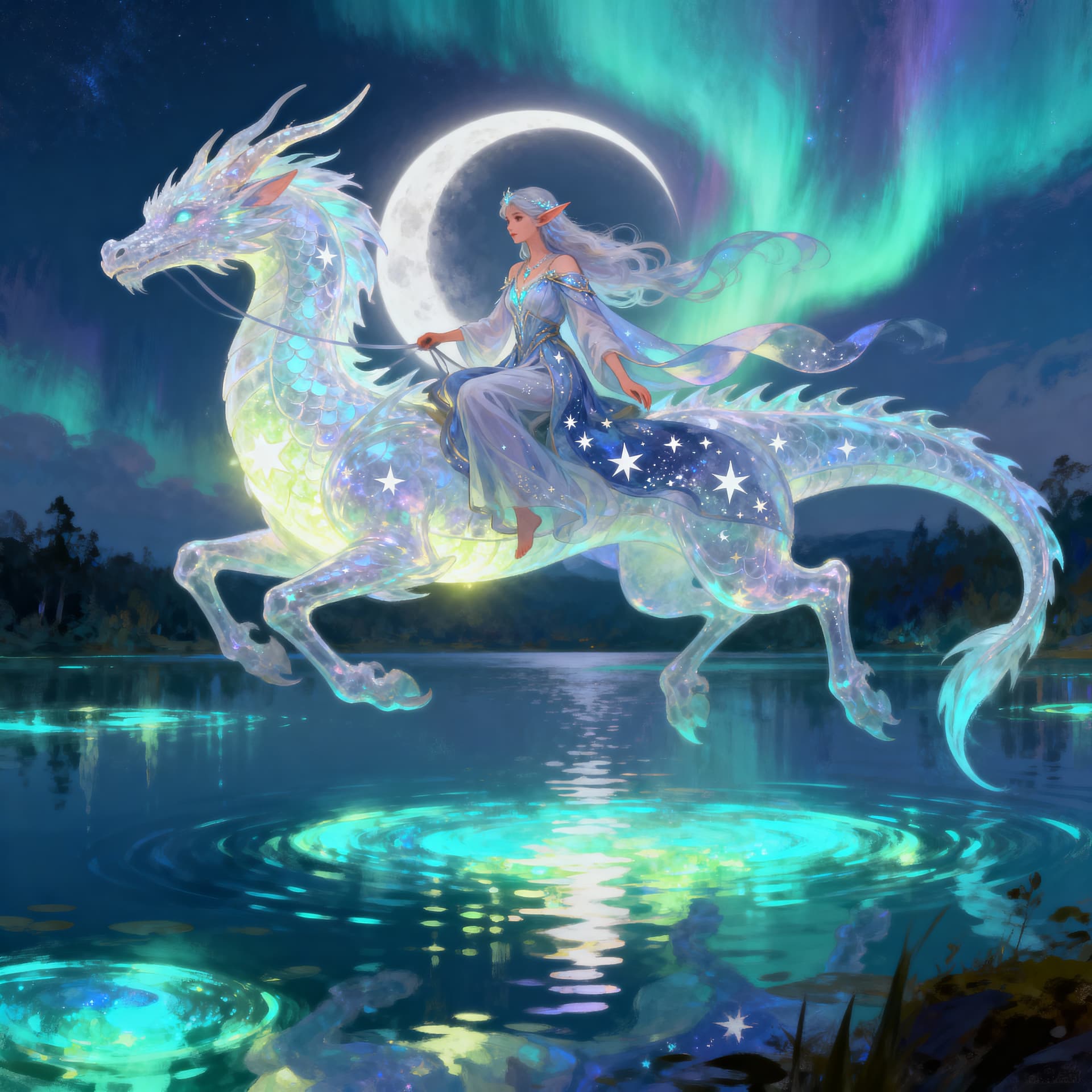 AI generated: elven woman in celestial robes riding a translucent moon dragon above glowing lakes, aurora and moon...