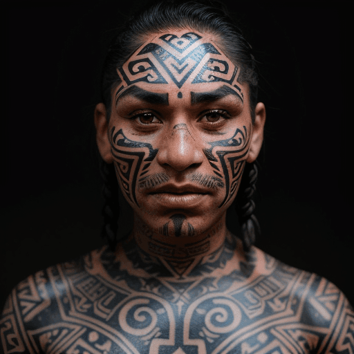 AI generated: New Zealand Maori with face fully tattooed with tribal tattoos Close up portrait, ambient light, Nik...