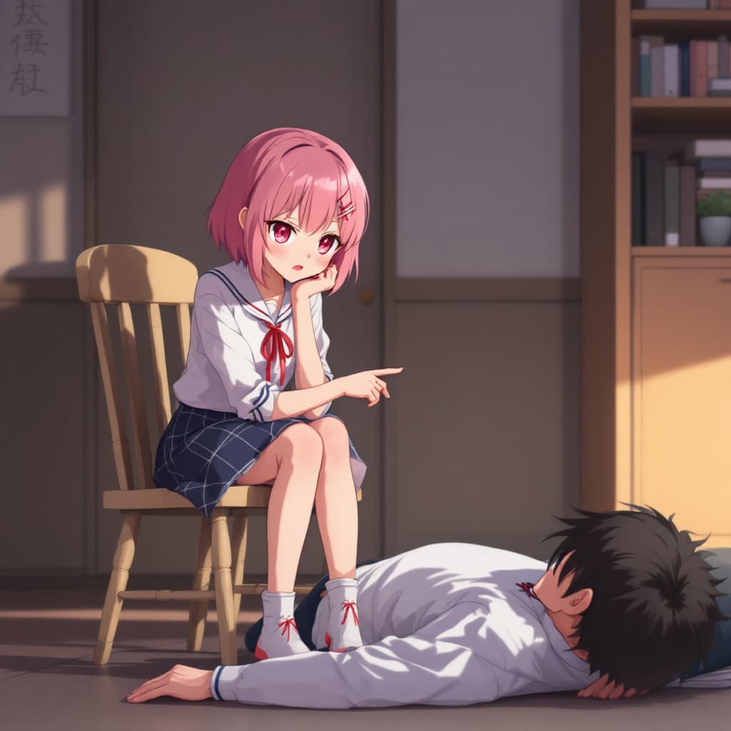 AI generated: Realistic photography of Natsuki sitting on a chair next to her male teacher on the floor. Natsuki f...