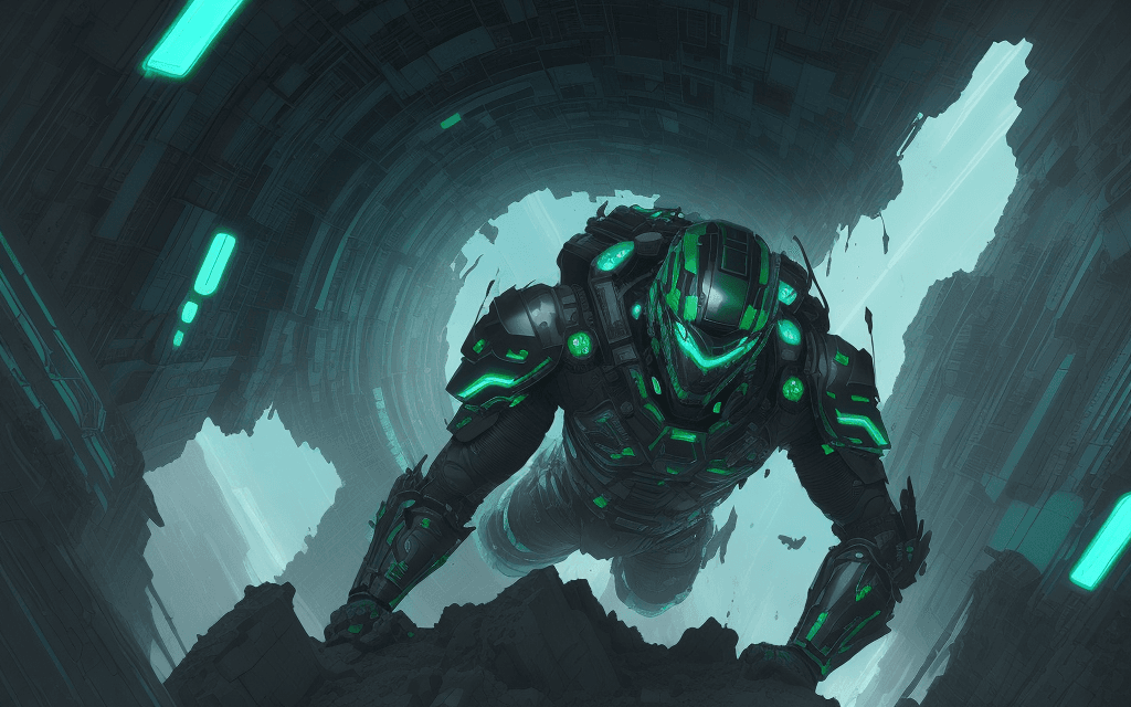 AI generated: brutal man warrior falling into a hole, looking sky, inspired by Mike Winkelmann, futuristic, metall...
