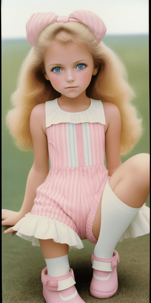 AI generated: High resolution photography, 1980's, 10-year-old girl, honey blonde, blue eyes, pink and white verti...