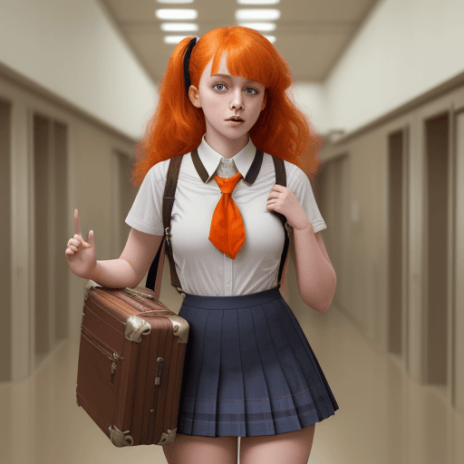 AI generated: masterpiece, mid shot, arafly dressed woman with orange hair and a suitcase, a portrait inspired by ...