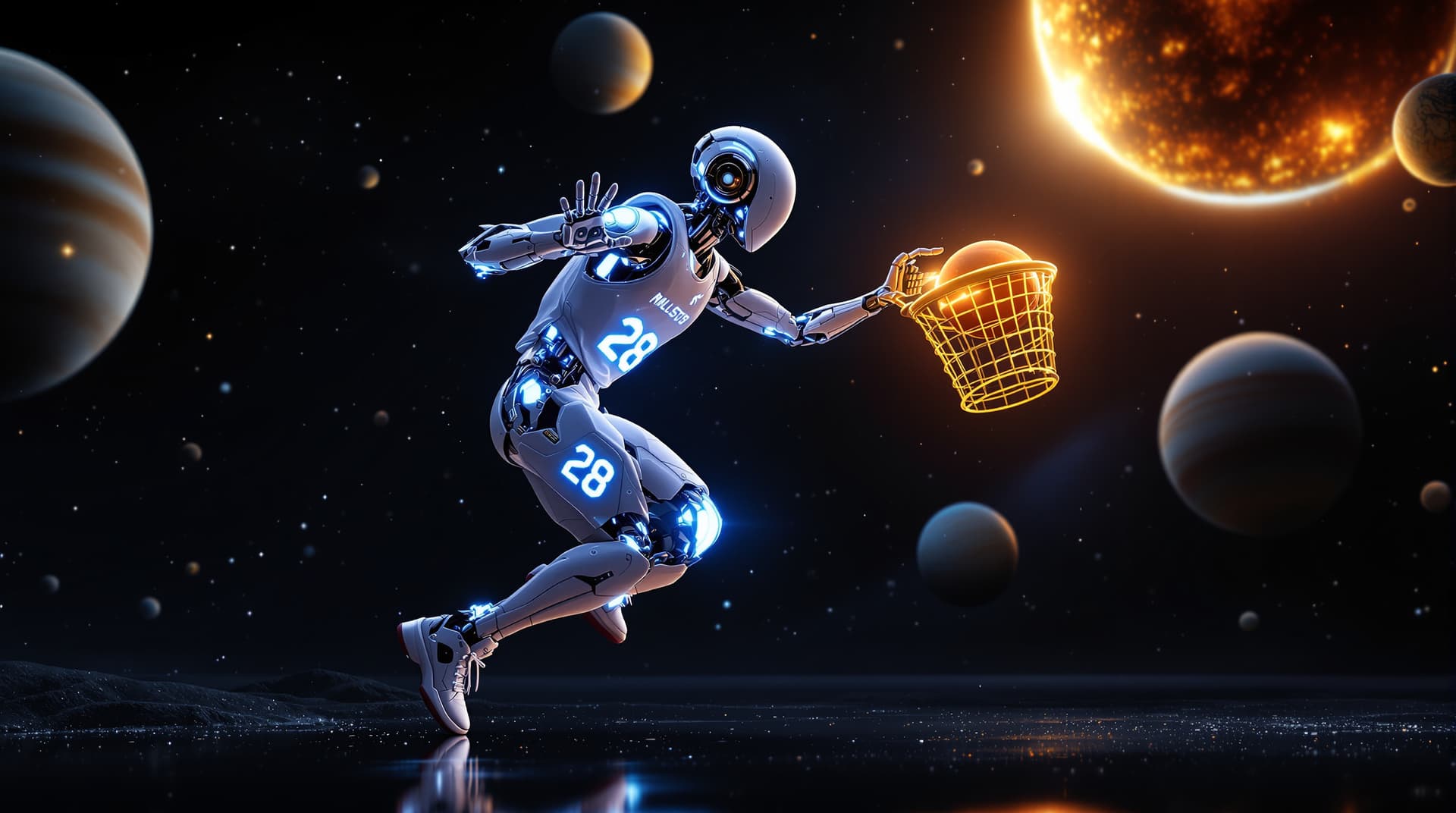 AI generated:  Une scène futuriste met en scène une figurine robotique humanoïde se lançant vers un panier de bask...