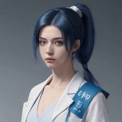 AI generated: stoic scientist, deep blue hair, shoulder length hair, ponytail, lab coat, bandages, deep blue eyes,...