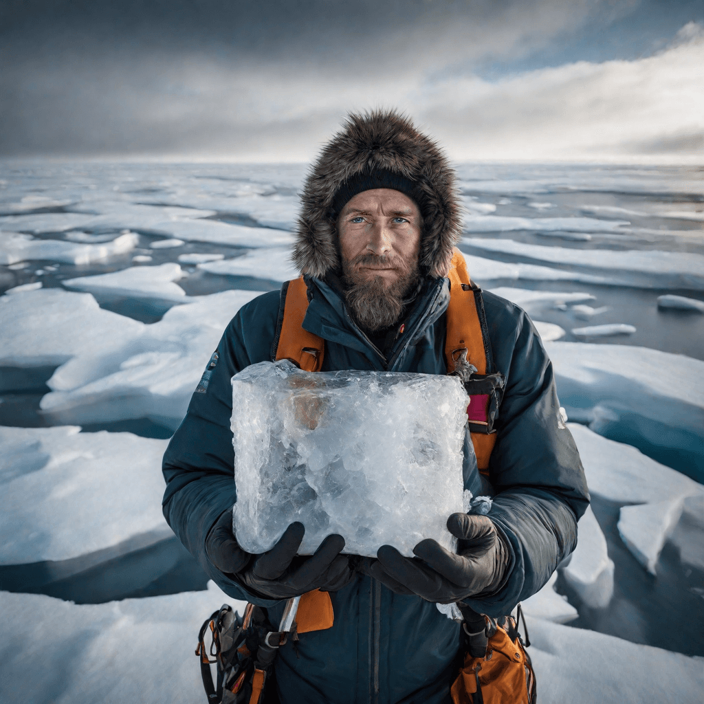 AI generated: A daring 27-year-old Arctic explorer, bundled in expedition gear and holding an ice core sample, emb...