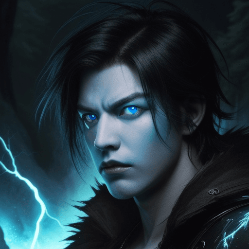 AI generated: 1 man, fantasy style, cool, mountain forest background, aggressive face, black hair, blue glowing ey...