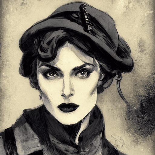 AI generated: Concept art of a beautiful female industrial 1900s gangster   in the style of Ashley Wood ,Keira Kni...