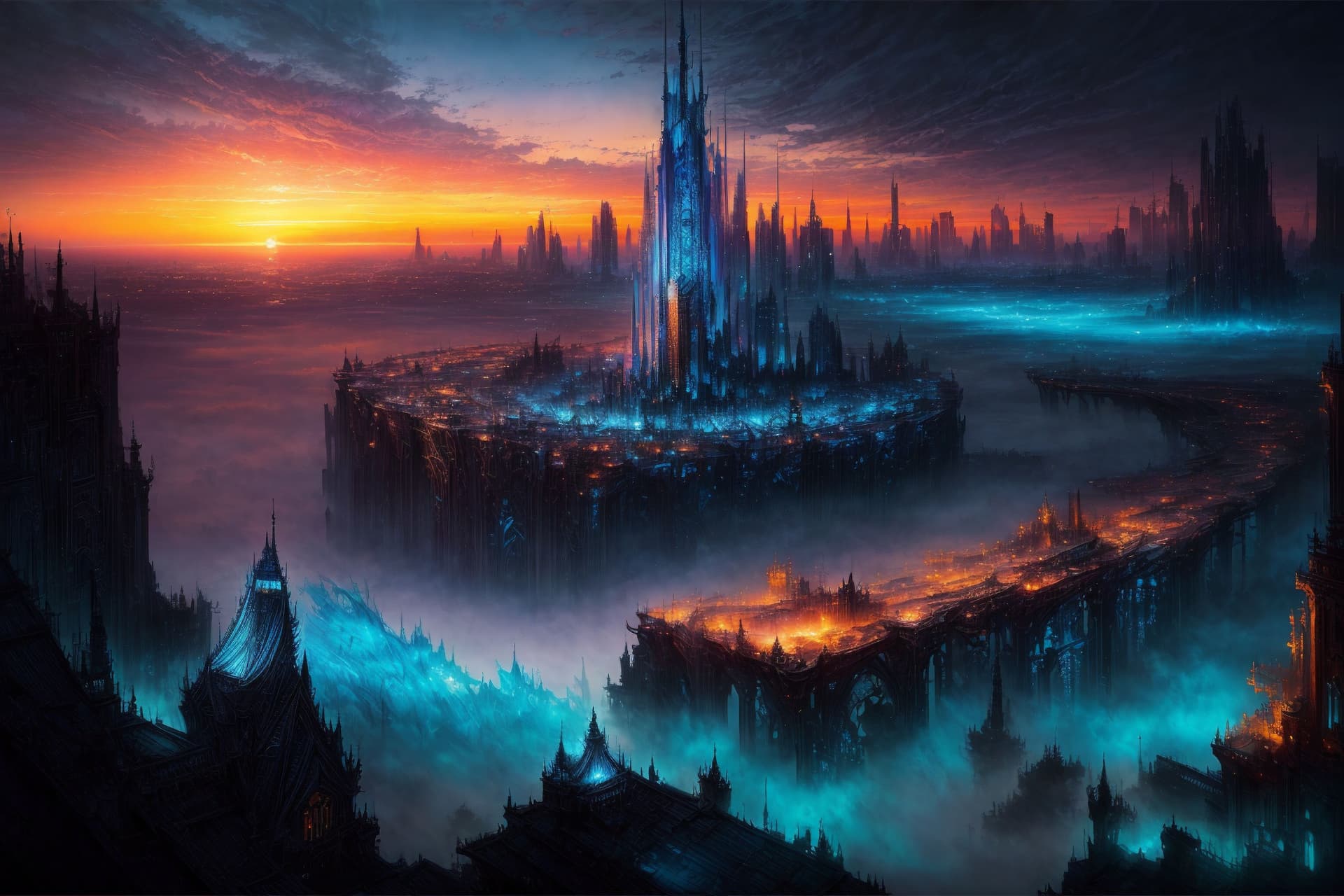 AI generated: dream city, (stunning sunset in the background), blue ink flow, 8k resolution, photorealistic master...